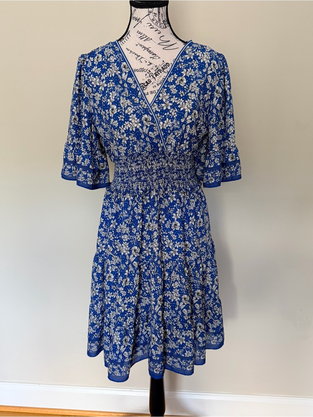 Max Studio Blue Floral Wrap-Style Smocked Waist Dress